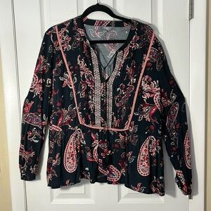 Principles boho pullover top tassel ties 
embroidered paisley blue red sz 20